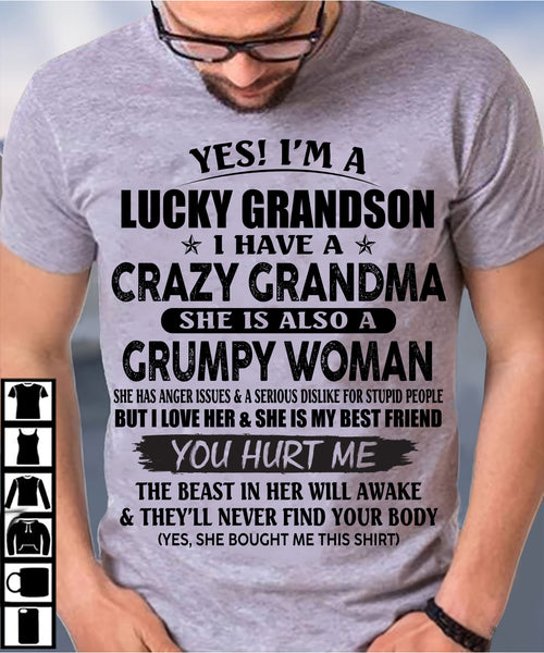 T SHIRT - LUCKY GRANDSON OF CRAZY GRANDMA -  PERFECT GIFT FROM GRANDMA - KATE00 (SKU12-113-00)