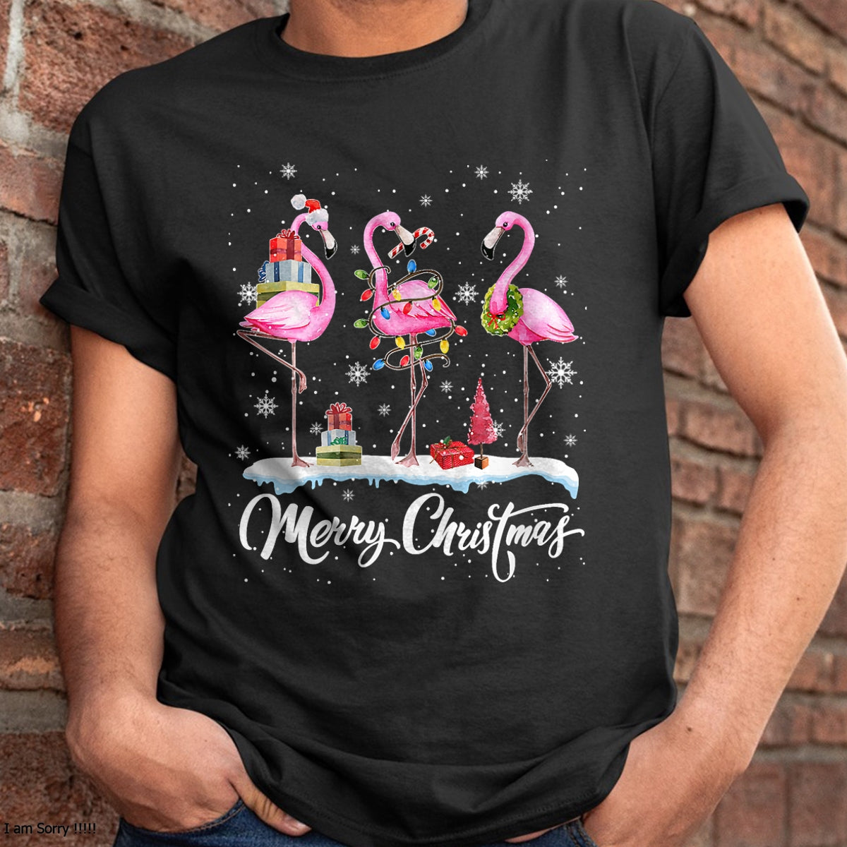 Merry Christmas Hat Santa Flamingo Light Christmas HNDS T-Shirt - Christmas Unisex T-Shirt/Hoodie/Sweatshirt - HNDS00