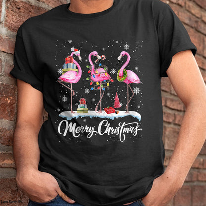 Merry Christmas Hat Santa Flamingo Light Christmas HNDS T-Shirt - Christmas Unisex T-Shirt/Hoodie/Sweatshirt - HNDS00