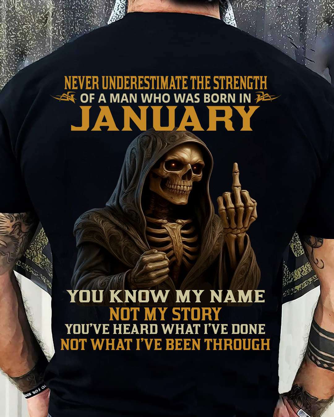 JANUARY - NEVER UNDERESTIMATE - BIRTHDAY T-SHIRT FOR MEN - KATE01 (SKU26T-01-06-01)