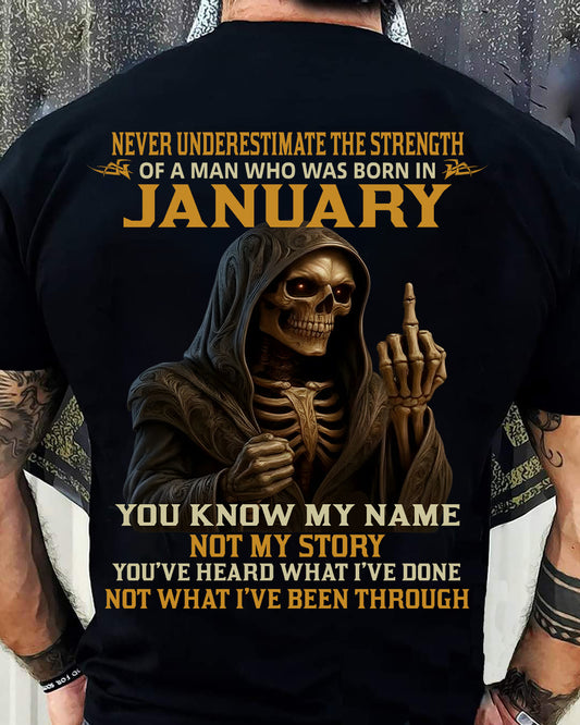 JANUARY - NEVER UNDERESTIMATE - BIRTHDAY T-SHIRT FOR MEN - KATE01 (SKU26T-01-06-01)