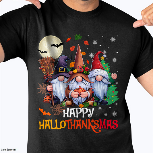 Happy Hallothanksmas Gnomes Lover Halloween Merry Christmas T-Shirt for men women (SKU-MRCM-5) FMA male