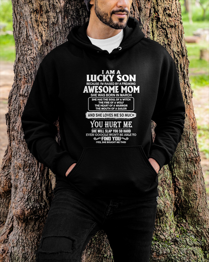 MARCH – Lucky Son Raised By Awesome Mom – From Mom To Son Gift – Birthday Gift For Son – Family Shirt (SKU2603-249-03)