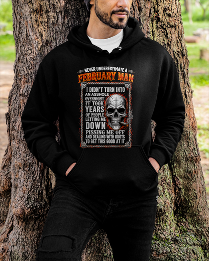 FEBRUARY - Never Underestimate A February Man - Funny Skull T-Shirt (SKU2607-340-02)