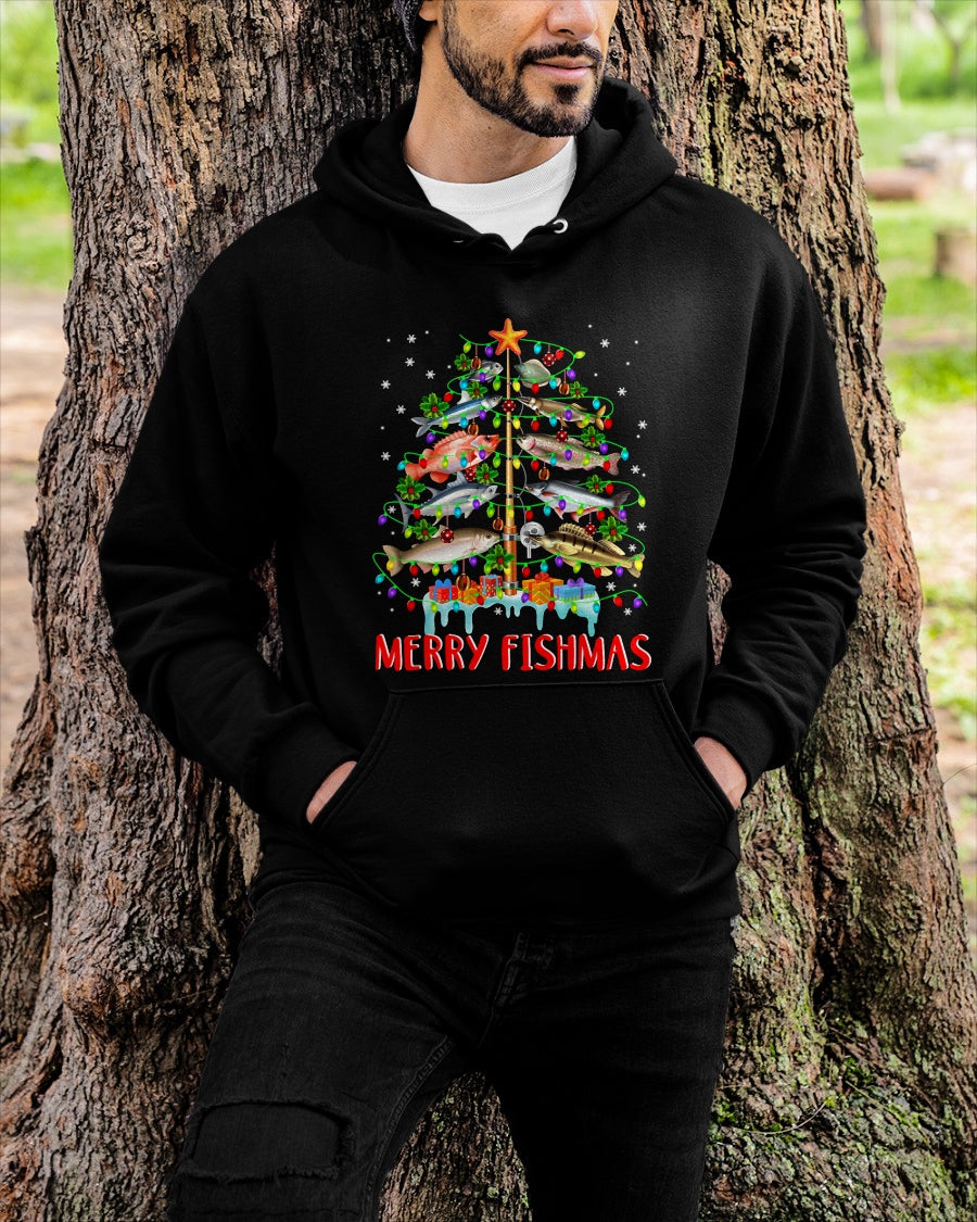 Merry Fishmas Funny Christmas Tree Lights Fish Fishing Rod T-Shirt for men women (SKU-MRCM-2) FMA male
