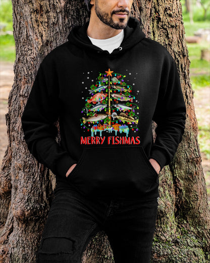 Merry Fishmas Funny Christmas Tree Lights Fish Fishing Rod T-Shirt for men women (SKU-MRCM-2) FMA male