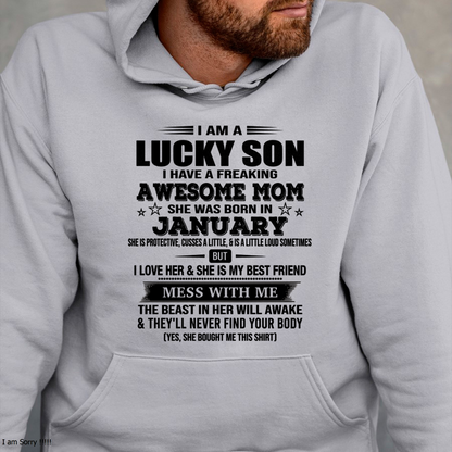 JANUARY – Lucky Son Awesome Mom Born In January – From Mom To Son – Birthday Gift For Son – Family Shirt (SKU2603-318-01)