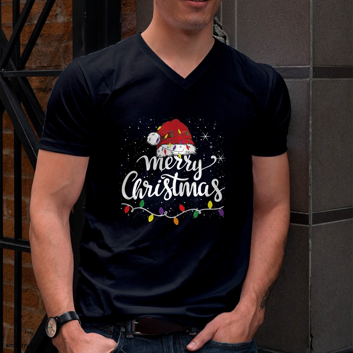 Merry Christmas Lights Red Santa Hat Xmas Family Men Women Pullover - Christmas Unisex T-Shirt/Hoodie/Sweatshirt - HNDS00