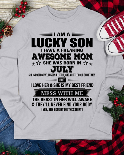 JULY – Lucky Son Awesome Mom Born In July – From Mom To Son – Birthday Gift For Son – Family Shirt (SKU2603-318-07)