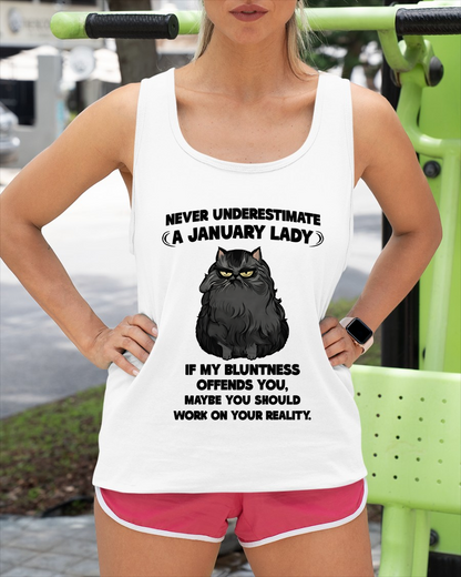 JANUARY – Never Underestimate A January Lady – Funny Cat Shirt – Sassy Women Gift – Birthday Gift Idea (SKU2603-335-01)