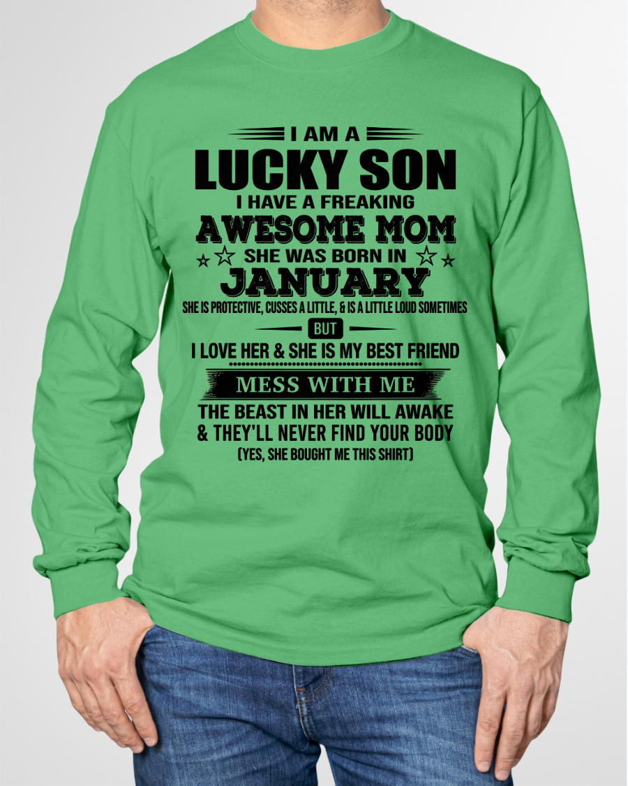 JANUARY – Lucky Son Awesome Mom Born In January – From Mom To Son – Birthday Gift For Son – Family Shirt (SKU2603-318-01)