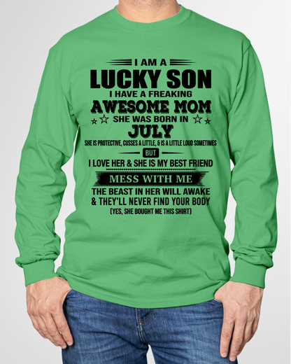 JULY – Lucky Son Awesome Mom Born In July – From Mom To Son – Birthday Gift For Son – Family Shirt (SKU2603-318-07)