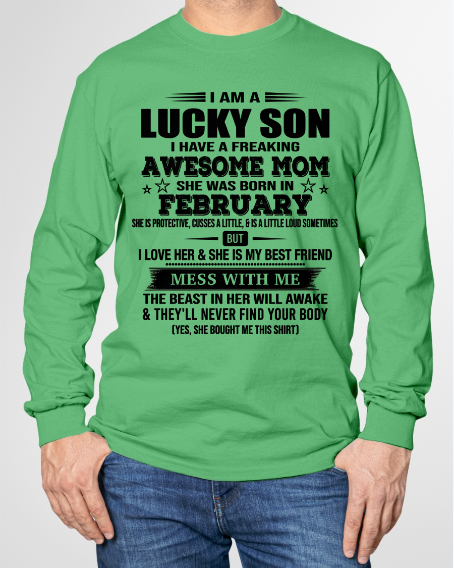 FEBRUARY – Lucky Son Awesome Mom Born In February – From Mom To Son – Birthday Gift For Son – Family Shirt (SKU2603-318-02)