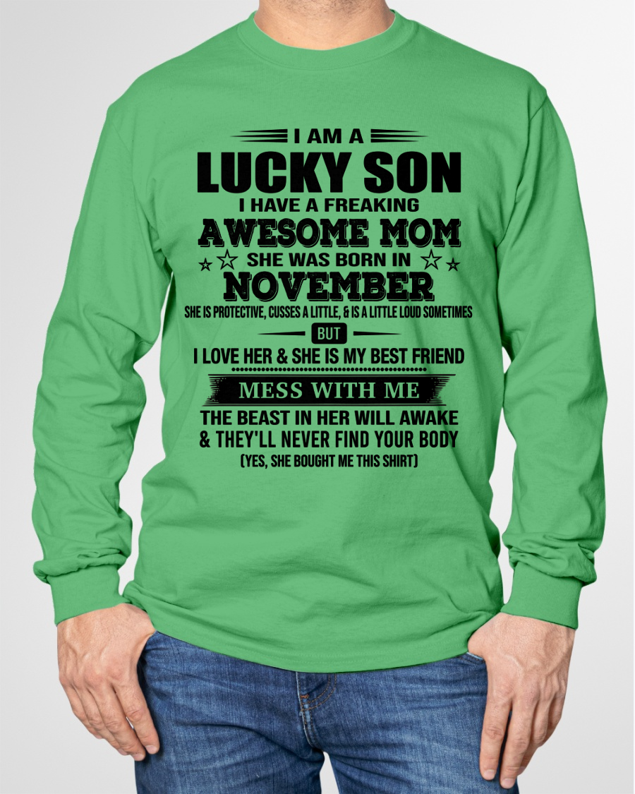 NOVEMBER – Lucky Son Awesome Mom Born In November – From Mom To Son – Birthday Gift For Son – Family Shirt (SKU2603-318-11)