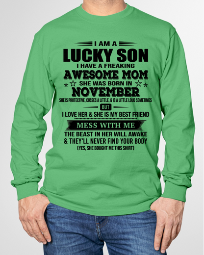NOVEMBER – Lucky Son Awesome Mom Born In November – From Mom To Son – Birthday Gift For Son – Family Shirt (SKU2603-318-11)