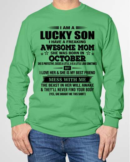 OCTOBER – Lucky Son Awesome Mom Born In October – From Mom To Son – Birthday Gift For Son – Family Shirt (SKU2603-318-10)
