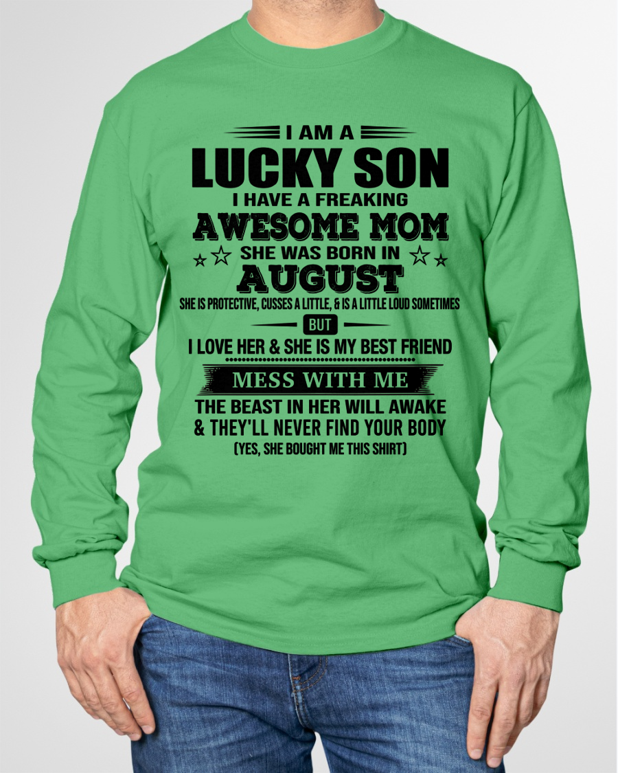AUGUST – Lucky Son Awesome Mom Born In August – From Mom To Son – Birthday Gift For Son – Family Shirt (SKU2603-318-08)