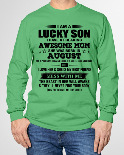 AUGUST – Lucky Son Awesome Mom Born In August – From Mom To Son – Birthday Gift For Son – Family Shirt (SKU2603-318-08)