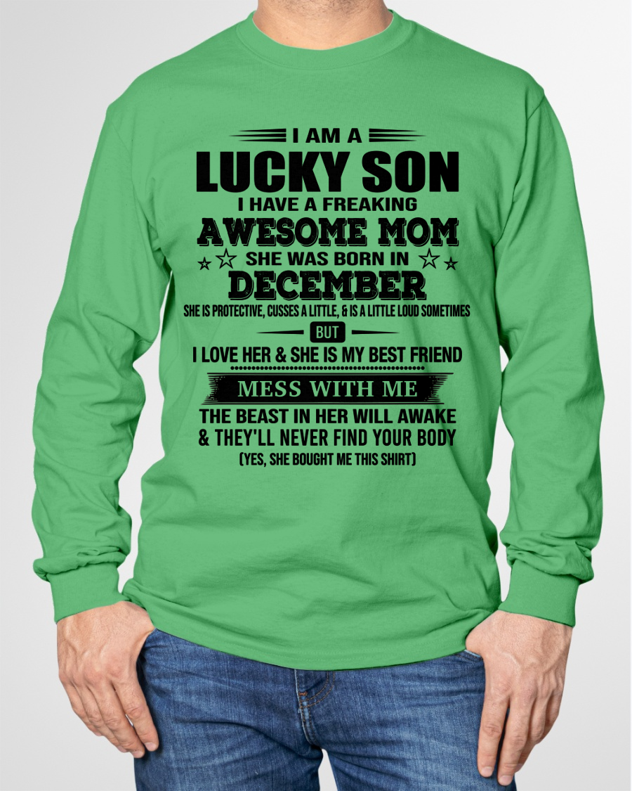 DECEMBER – Lucky Son Awesome Mom Born In December – From Mom To Son – Birthday Gift For Son – Family Shirt (SKU2603-318-12)