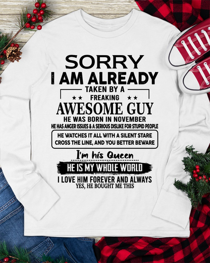 NOVEMBER SHIRT – Sorry, I’m Already Taken by a Freaking Awesome Guy, He Is My Whole World – FROM HUSBAND TO WIFE – KATE11 (SKU26T-01271-11)