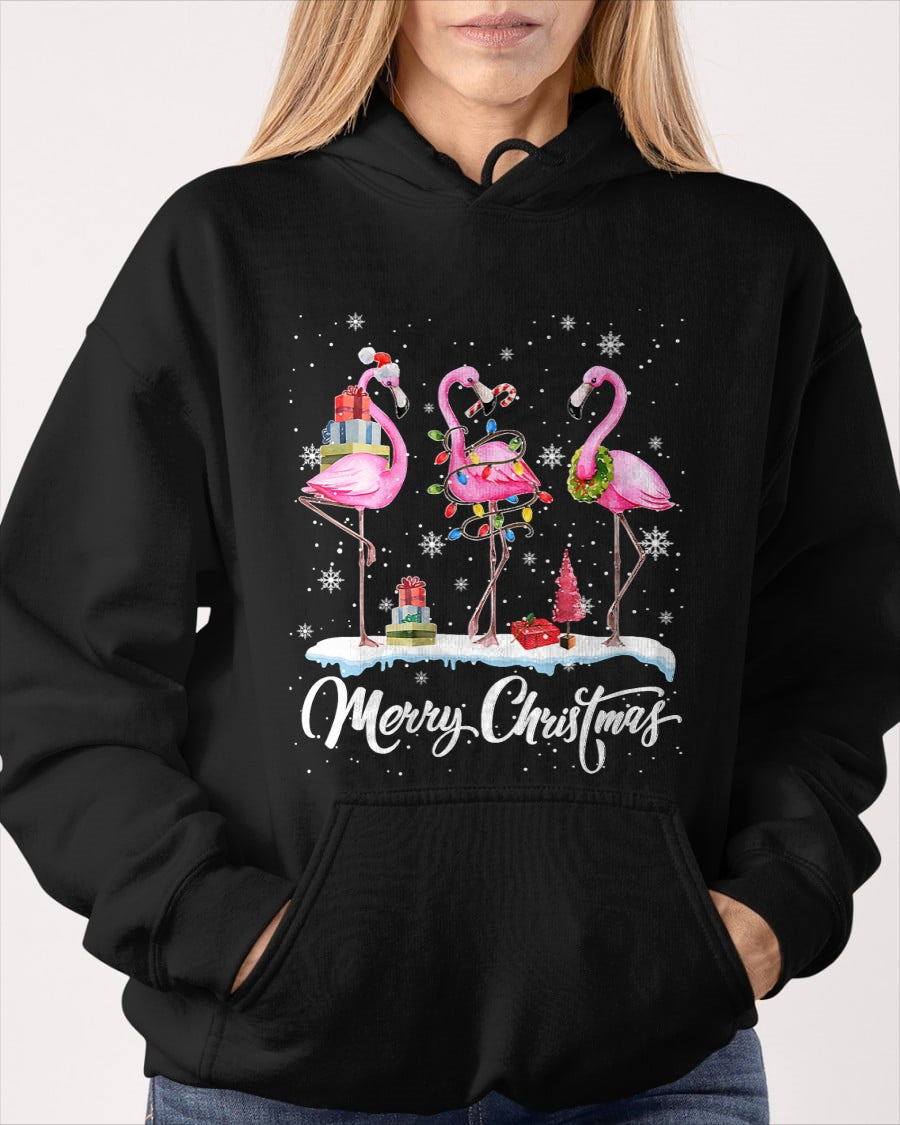 Merry Christmas Hat Santa Flamingo Light Christmas Snow Xmas T-Shirt (SKU-MRCM-19) FMA