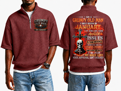 January Grumpy Old Man Skull Cross Waffle Knit Quarter-Zip Shirt For Men A09-699 (SKU2607-23-01)