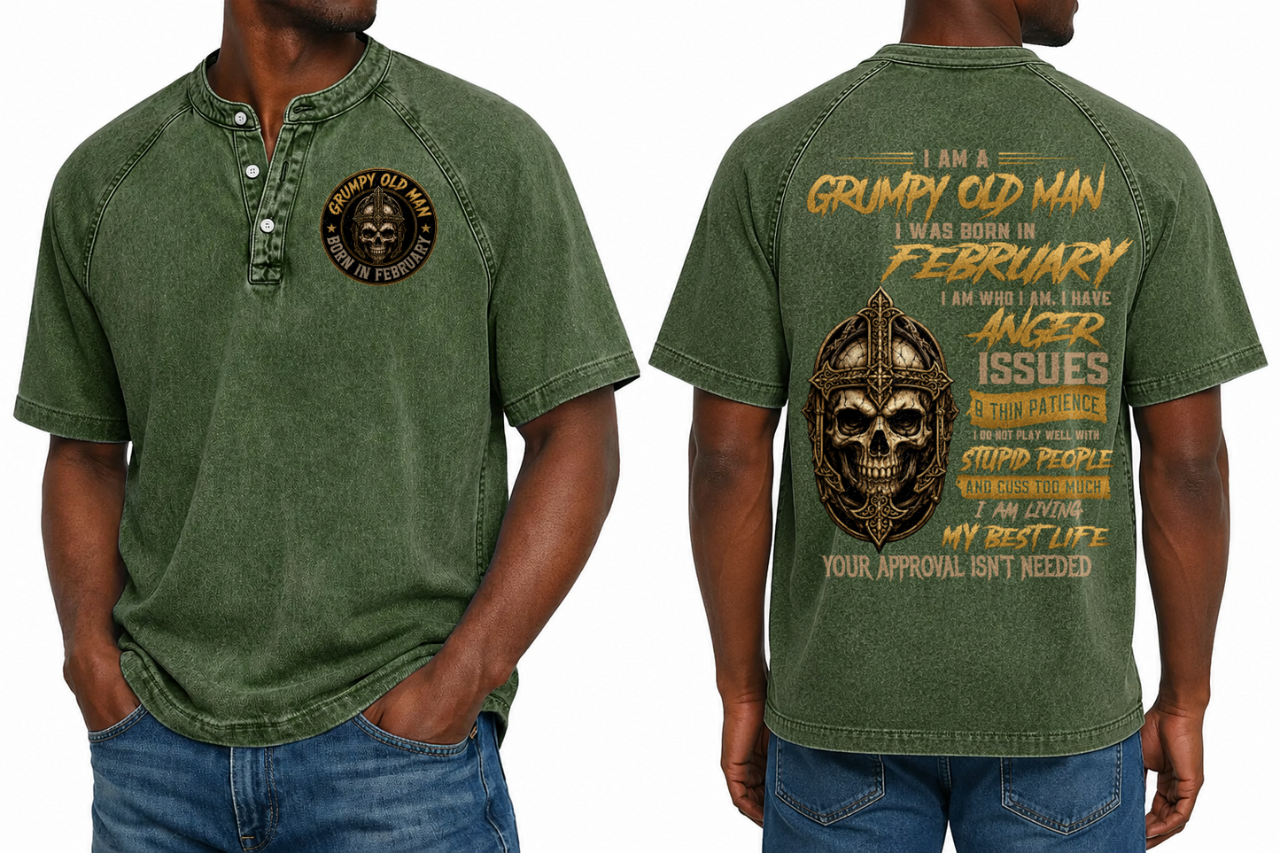 FEBRUARY - Grumpy Old Man Born In February Skull Cross - Washed Round Neck Polo M02 (SKU2607-138-02)