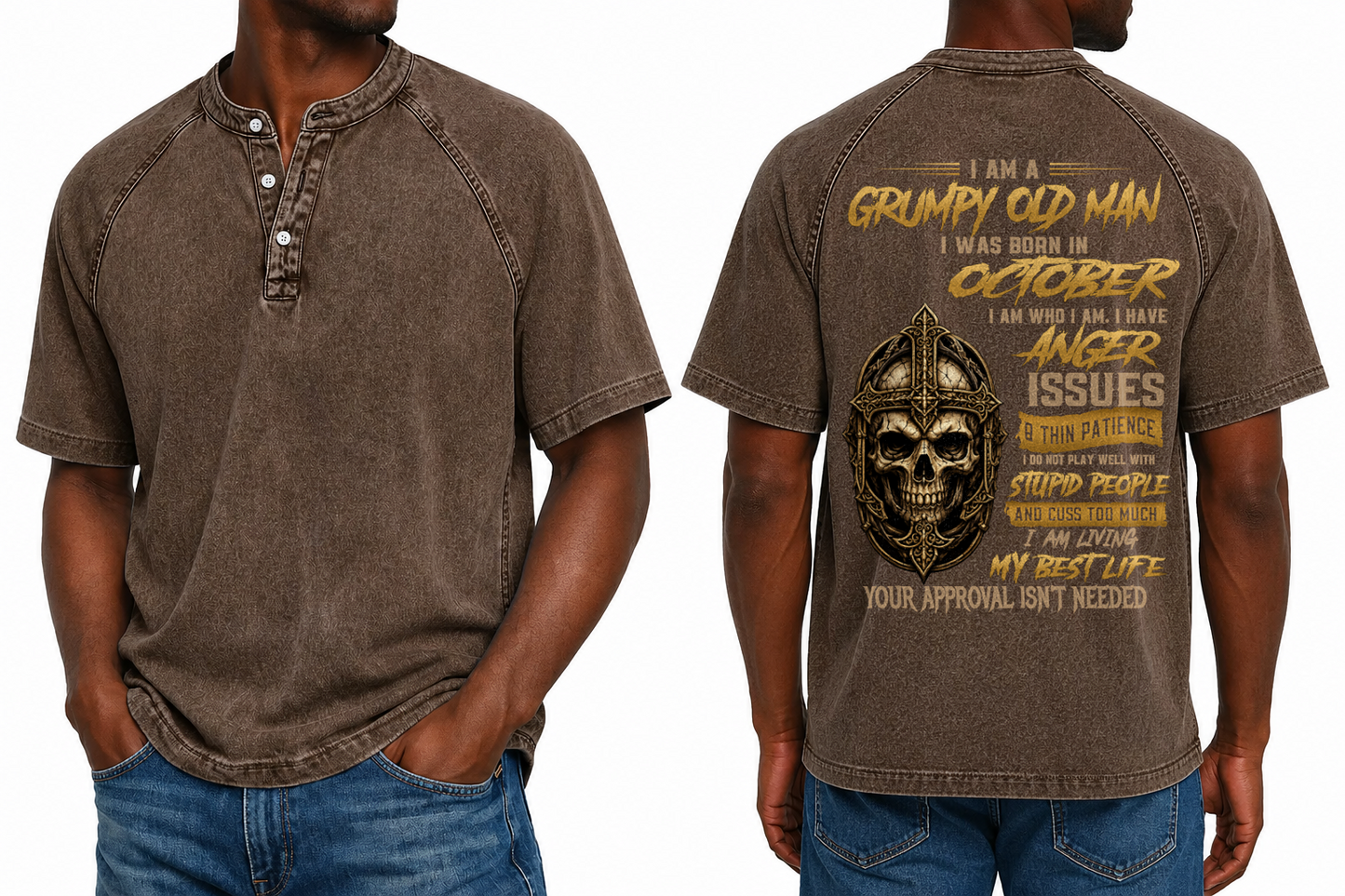 OCTOBER - Grumpy Old Man Born In October Skull Cross - Washed Round Neck Polo M02 (SKU2607-138-10)