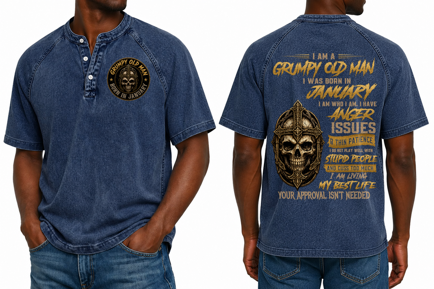 JANUARY - Grumpy Old Man Born In January Skull Cross - Washed Round Neck Polo M02 (SKU2607-138-01)