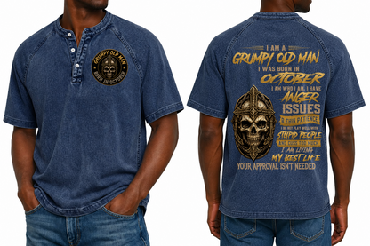 OCTOBER - Grumpy Old Man Born In October Skull Cross - Washed Round Neck Polo M02 (SKU2607-138-10)