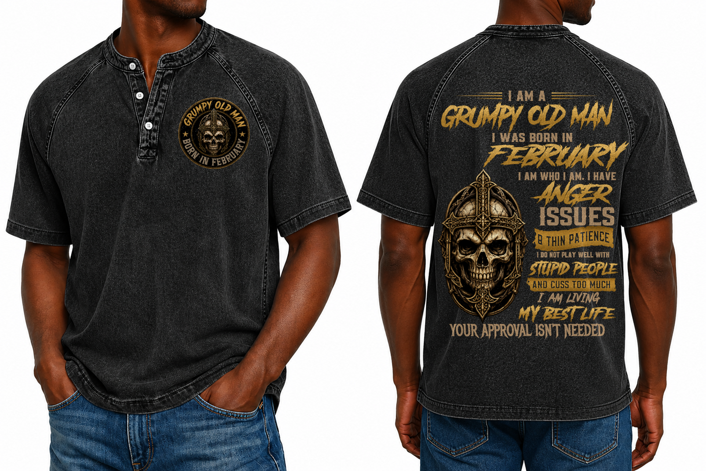 FEBRUARY - Grumpy Old Man Born In February Skull Cross - Washed Round Neck Polo M02 (SKU2607-138-02)