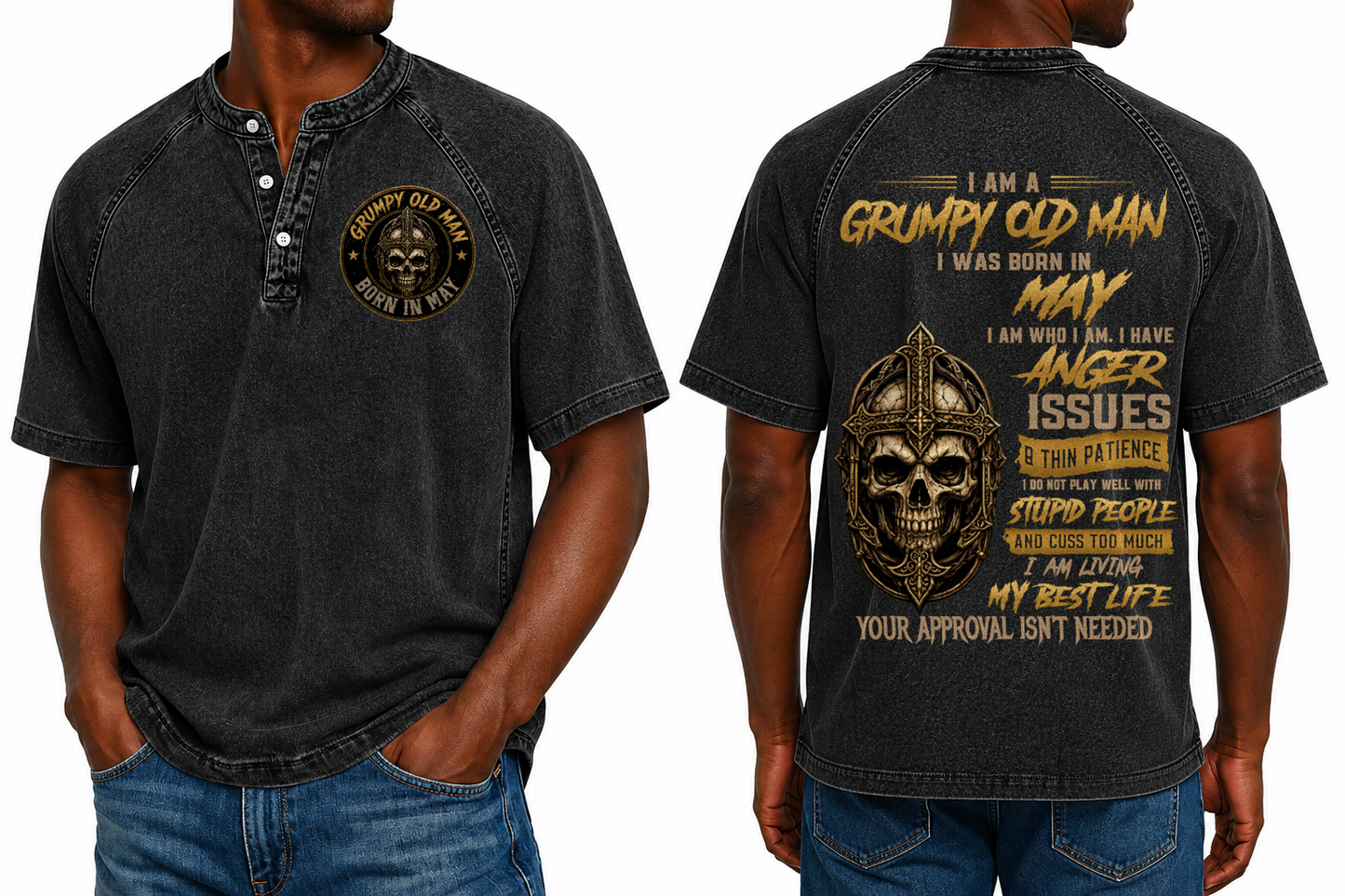 MAY - Grumpy Old Man Born In May Skull Cross - Washed Round Neck Polo M02 (SKU2607-138-05)