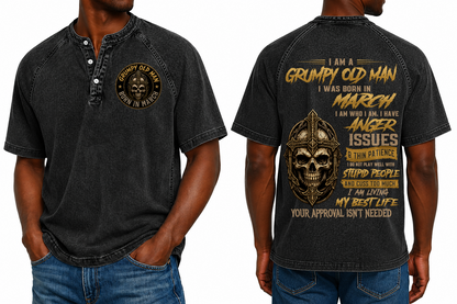 MARCH - Grumpy Old Man Born In March Skull Cross - Washed Round Neck Polo M02 (SKU2607-138-03)