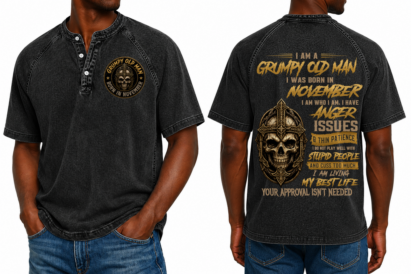 NOVEMBER - Grumpy Old Man Born In November Skull Cross - Washed Round Neck Polo M02 (SKU2607-138-11)