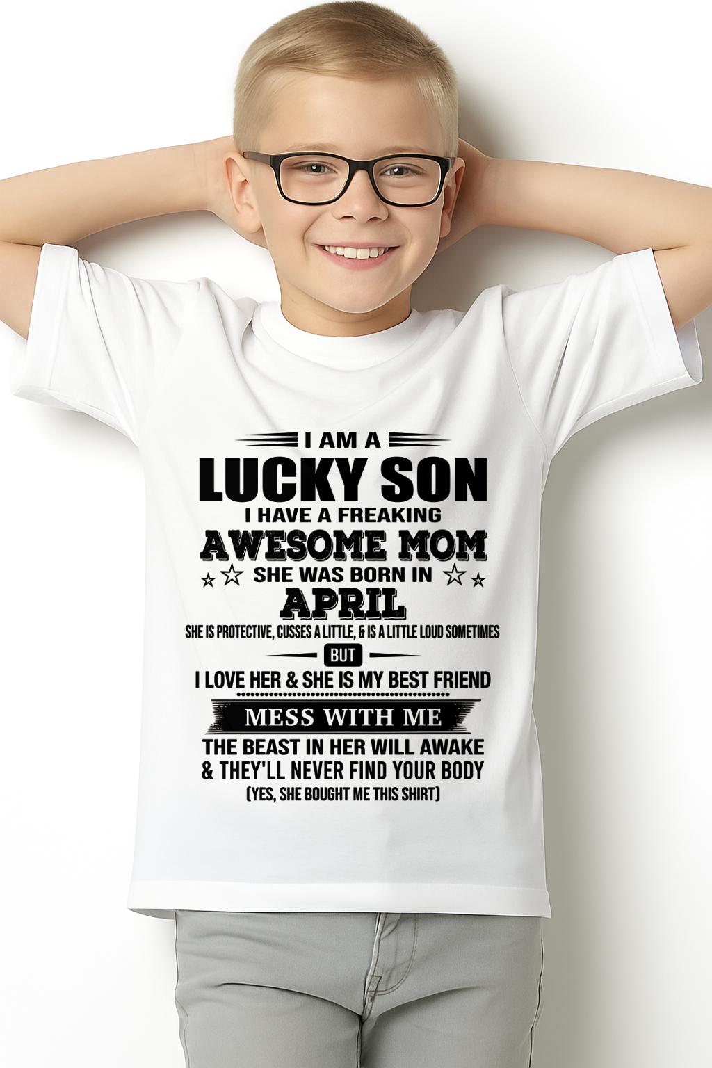 APRIL – Lucky Son Awesome Mom Born In April – From Mom To Son – Birthday Gift For Son – Family Shirt (SKU2603-318-04)