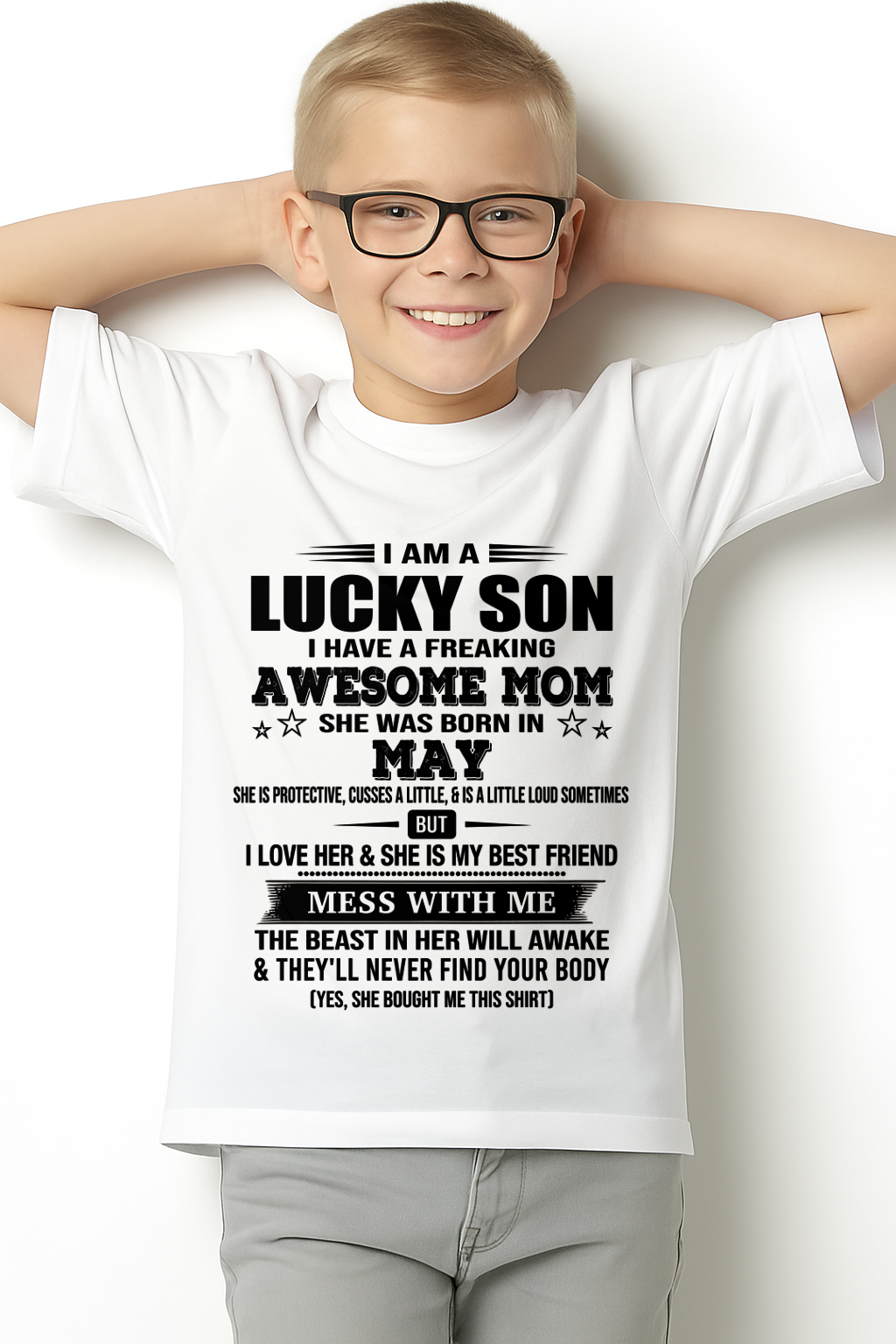 MAY – Lucky Son Awesome Mom Born In May – From Mom To Son – Birthday Gift For Son – Family Shirt (SKU2603-318-05)