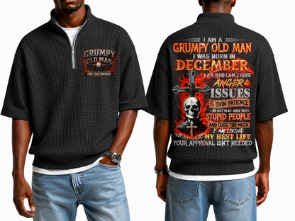 December Grumpy Old Man Skull Cross Waffle Knit Quarter-Zip Shirt For Men A09-699 (SKU2607-23-12)