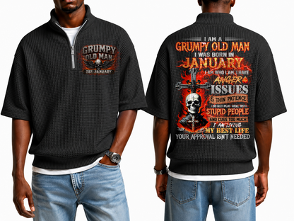 January Grumpy Old Man Skull Cross Waffle Knit Quarter-Zip Shirt For Men A09-699 (SKU2607-23-01)
