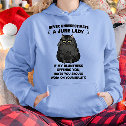 JUNE – Never Underestimate A June Lady – Funny Cat Shirt – Sassy Women Gift – Birthday Gift Idea (SKU2603-335-06)