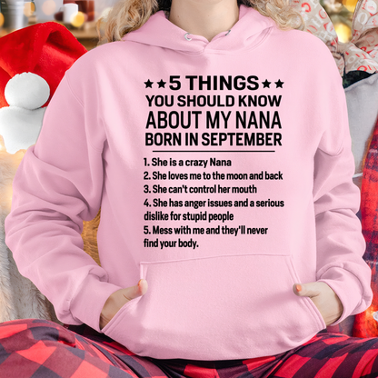 SEPTEMBER – 5 Things About My Nana Born In September She Loves Me And Protects Me – Funny Birthday Gift From Nana To Granddaughter – Kids Shirt (SKU2603-220-09)
