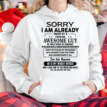 JANUARY SHIRT – Sorry I Am Already Taken By An Awesome Guy Born In January – From Husband To Wife – Queen Love Gift – Women Shirt – KATE01 (SKU2602-171-01)