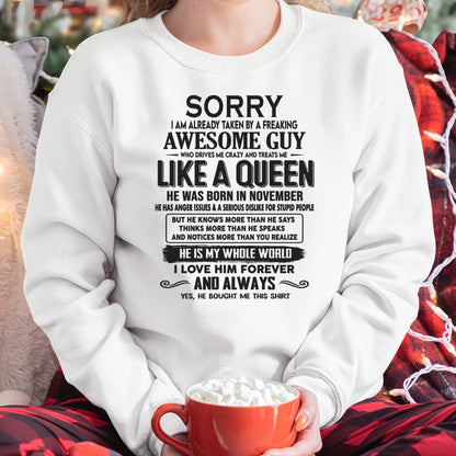 November - Sorry I am already taken by a freaking awesome guy - Gift for Wife From Husband - KATE11 (SKU08-25-11)