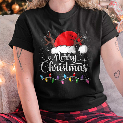 Merry Christmas Red Santa Hat Reindeer Xmas Family Men Women T-Shirt - Christmas Unisex T-Shirt/Hoodie/Sweatshirt - HNDS00