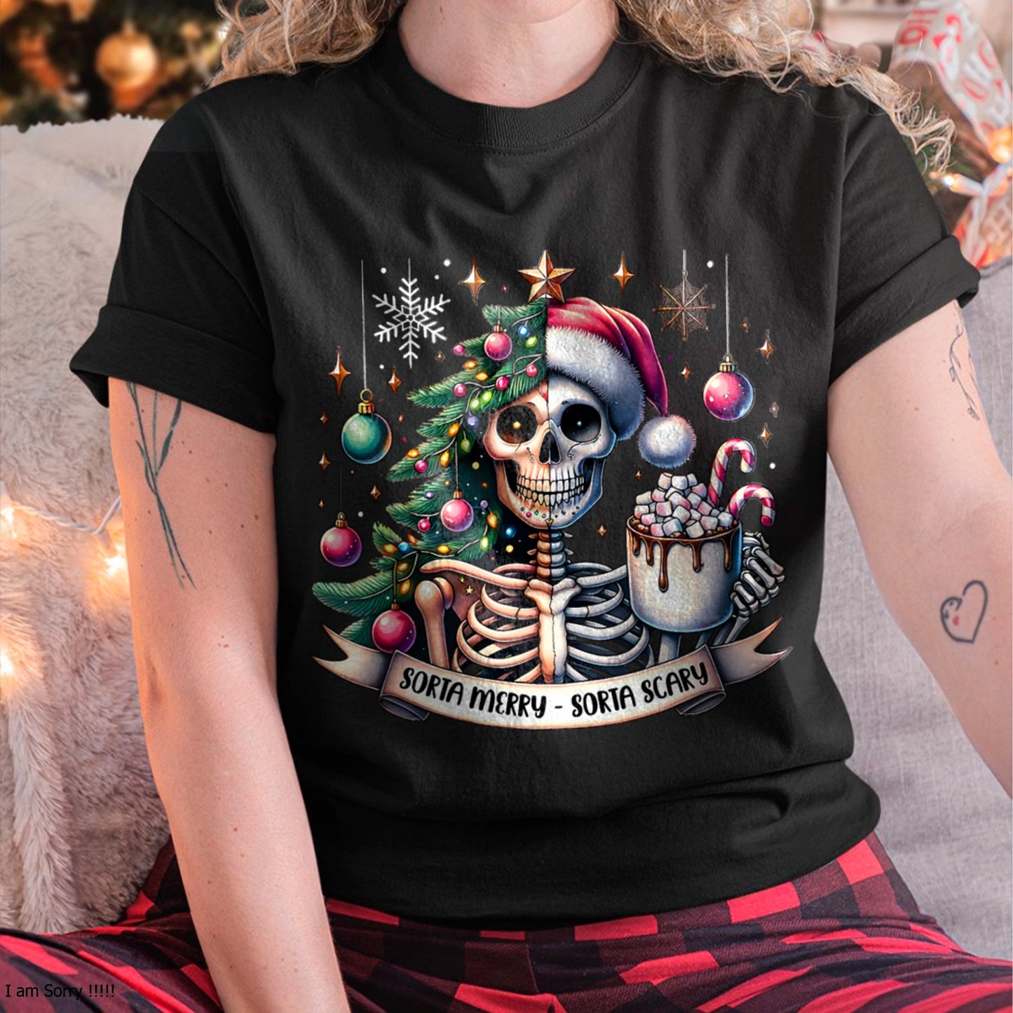 Sorta Merry Sorta Scary Skeleton Hot Cocoa Christmas Pajamas T-Shirt for men women (SKU-MRCM-1) FMA