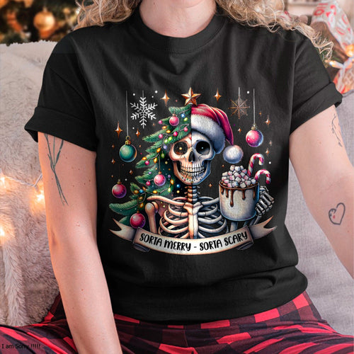Sorta Merry Sorta Scary Skeleton Hot Cocoa Christmas Pajamas T-Shirt for men women (SKU-MRCM-1) FMA