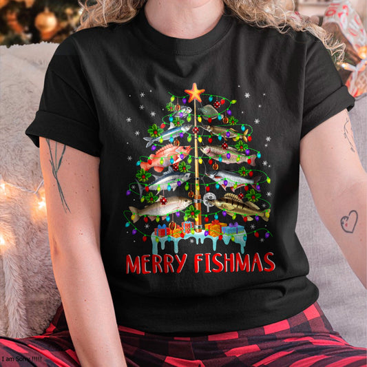 Merry Fishmas Funny Christmas Tree Lights Fish Fishing Rod T-Shirt for men women (SKU-MRCM-2) FMA male