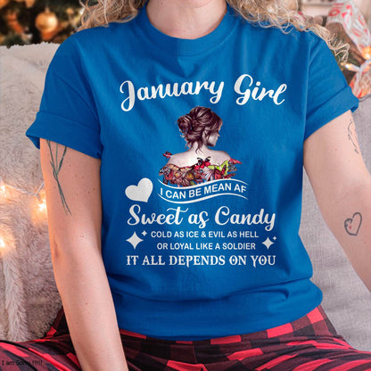 January Girl T-Shirt – Sweet As Candy, Cold As Ice - Birthday Gift for Women - KATE01 (SKU26T-01-38-01)