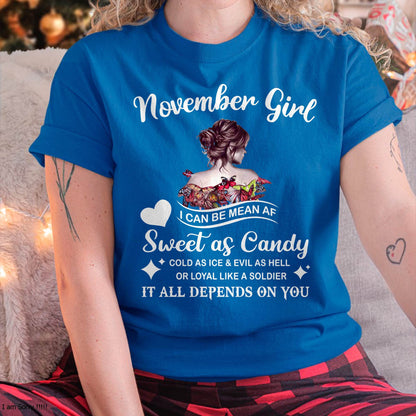 November Girl T-Shirt – Sweet As Candy, Cold As Ice - Birthday Gift for Women - KATE11 (SKU26T-01-38-11)