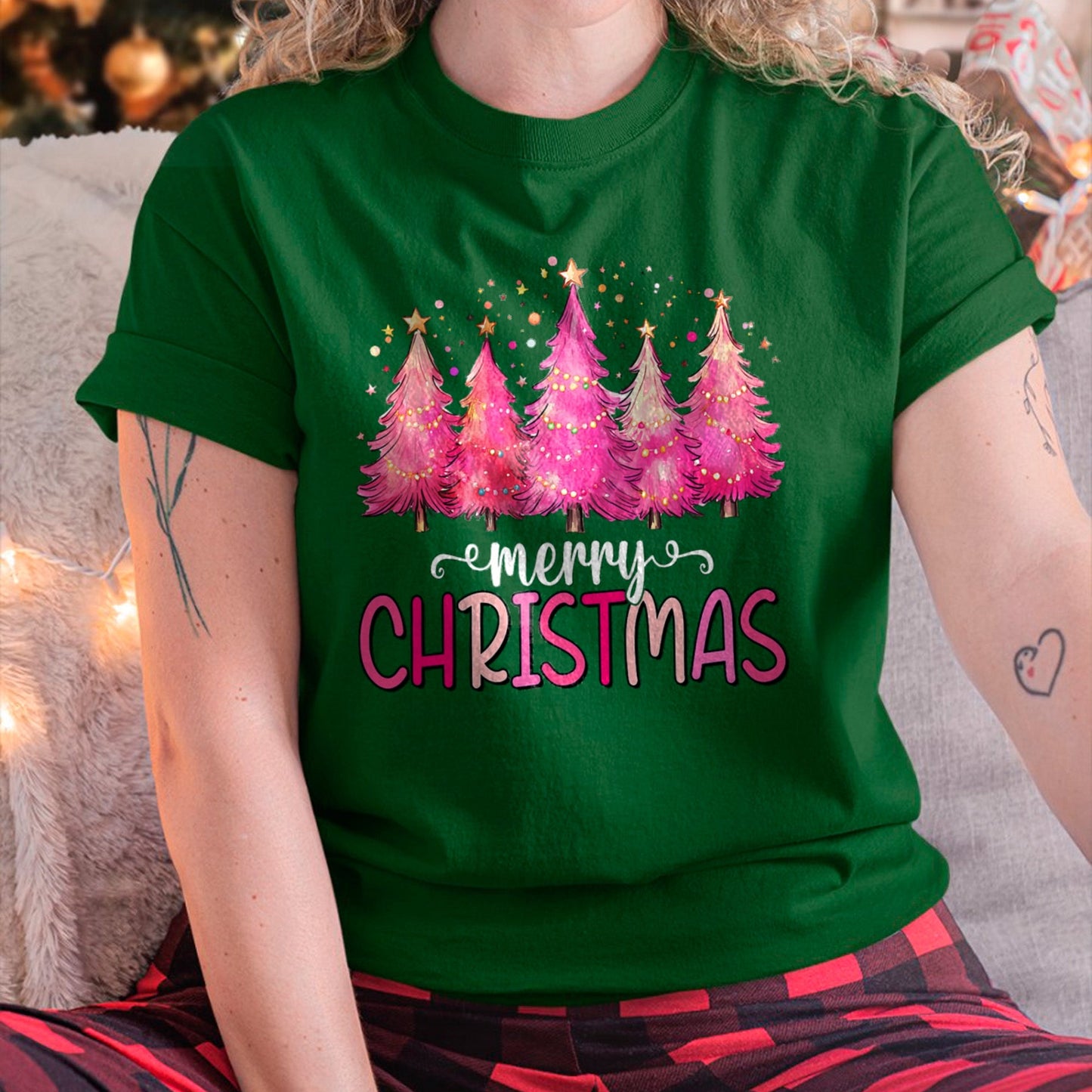 Merry and Bright Pink Christmas Tree Pink Christmas Tree T-Shirt (SKU-MRCM-12) FMA