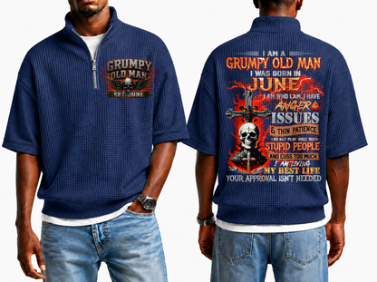 June Grumpy Old Man Skull Cross Waffle Knit Quarter-Zip Shirt For Men A09-699 (SKU2607-23-06)
